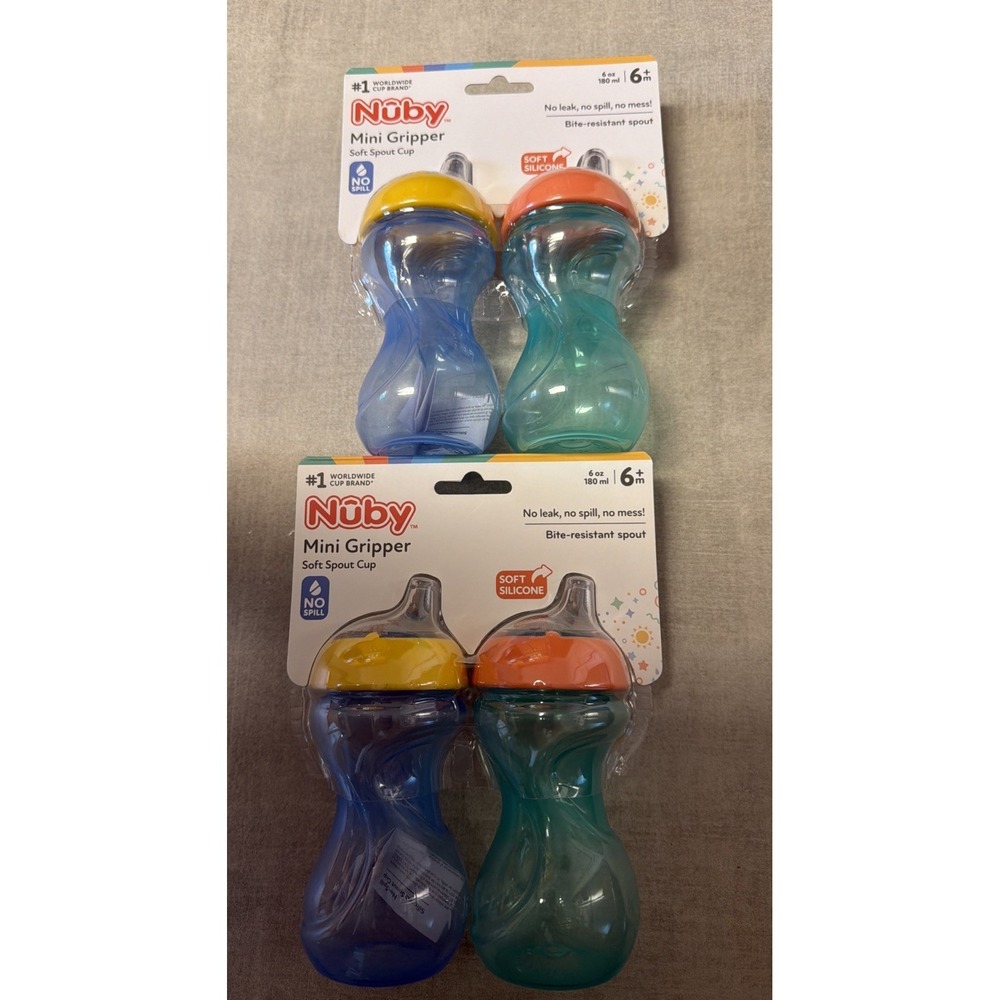 Nuby Mini Gripper Sippy Cup 6m+ Soft Spout No Spill 6oz 4 Pack Blue Teal